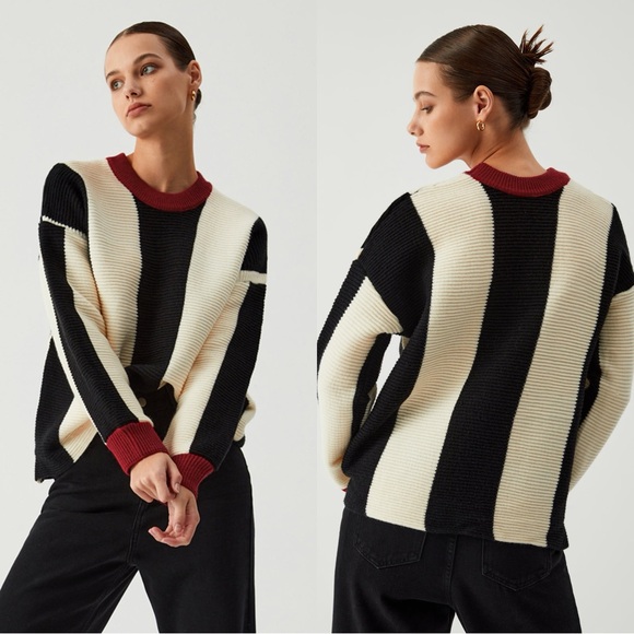 Commense Sweaters - Commense Oversized Black White Red Bold Stripes Color Block Soft Knit Sweater